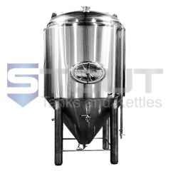 Front view of a short stainless steel 15 BBL FERMENTER used in commercial brewing