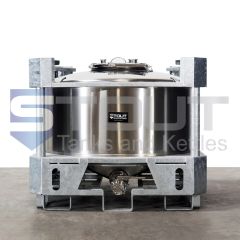 This is a photo of the front of a 150 gallon IBC tote used for storing liquids