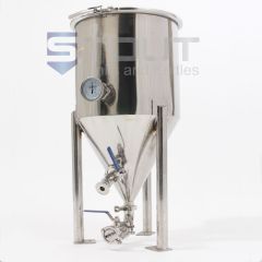 Front view of a short style 15 gallon fermenter used to homebrew beer or kombucha
