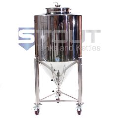 Front view of a stainless steel 3 BBL Fermenter with Wheels used in commercial brewing