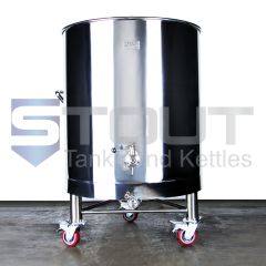 Front view of a 200 gallon kombucha brewing vessel with welded on wheels