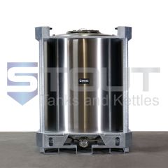 This is a 275 Gallon IBC Tote made of 316 stainless steel with a center outlet