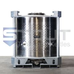 This is a jacketed 200 Gallon IBC Tote made of 304 stainless steel with a Center Outlet