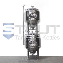 Front view of stainless steel stackable 2 BBL Fermenters used to save space in nano breweries