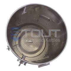 Top view of a Stout Tanks stainless steel 30 Gallon Mash Tun used for home brewing 