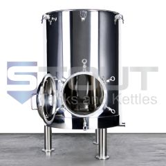 This is the front view of a stainless steel 3 bbl Mash Tun made by Stout Tanks