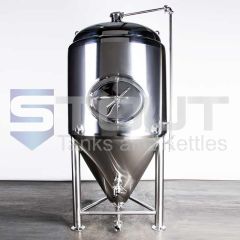 Front view of a jacketed 4 BBL Fermenter used in commercial brewing