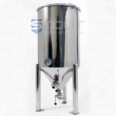 profile view of a stainless steel 55 gallon fermenter used for homebrewing beer