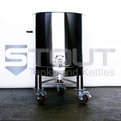 Front view of a stainless steel 55 gallon conical fermenter that has an open top and is used for kombucha brewing