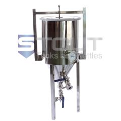 Profile view of a stainless steel 7 gallon fermenter used for fermenting beer