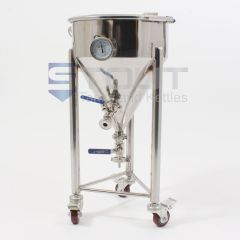 Front view of a short style 7 gallon conical fermenter on wheels used by homebrewers 