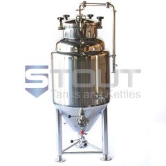 Front view of a stainless steel 1 bbl Fermenter used for brewing beer or kombucha