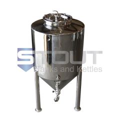 Front view of a non-jacketed 3 BBL fermenter used in commercial brewing