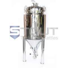 Front view of a jacketed 20 gallon fermenter used in homebrewing