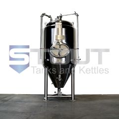 Front view of a 4 BBL jacketed fermenter with blowoff pipe used for fermenting beer.
