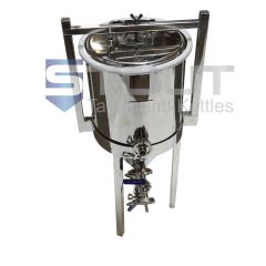 Front view of a stainless steel 7 gallon conical fermenter used by home brewers