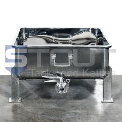 Front view of a koelschip (aka coolship) that uses an open fermentation method to ferment beer or kombucha.