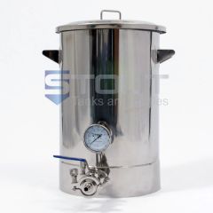 Front view of a stainless steel direct fire 10 Gallon Brew Kettle that features a Thermowell and Thermometer and is used for home brewing beer