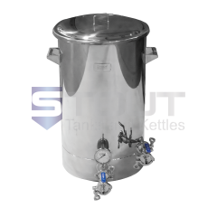 Front view of a stainless steel 21 Gallon Brew Kettle used to brew beer at home