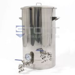 Front view of a stainless steel 30 Gallon Brew Kettle used to home brew beer