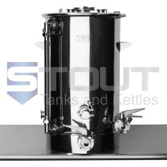Front view of a Stout Tanks stainless steel 20 gallon brew kettle used for low oxygen brewing (LODO)