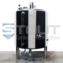 Back view of an insulated stainless steel 7 bbl brew kettle made by Stout Tanks and Kettles