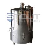Front view of a stainless steel direct fire 7 BBL Brew Kettle that has Heat Shields and a Sloped Bottom